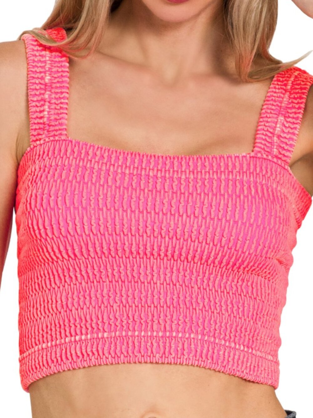 Seamless Winkle Stone Washed Bra Top in Neon Coral Fuchsia
